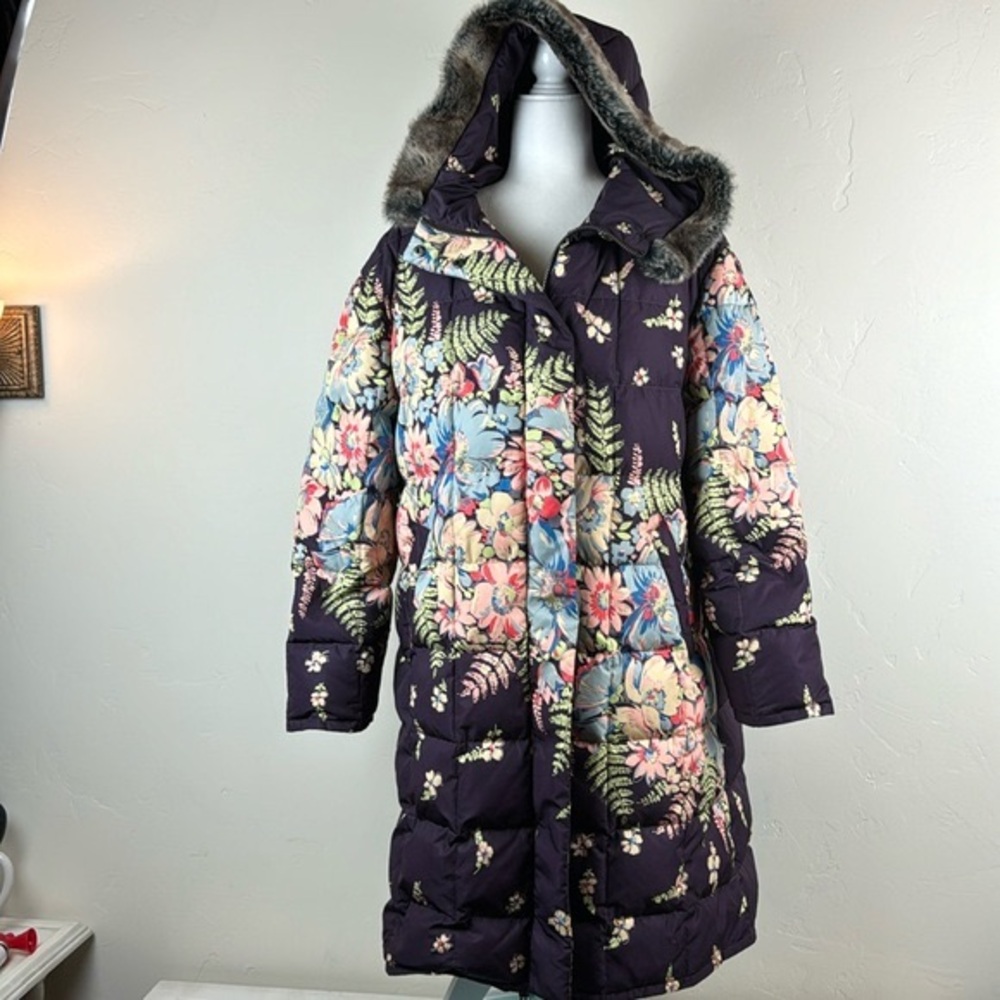 Sundance Easy Wind Long Puffer Coat Plum Floral, size XL
